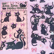 black cat cats with pink ear ears and bows hearts cute kawaii glossy clear plastic pet sticker sticker sheet pack uk cute kawaii stationery shop store pretty fun kitten kittens cartoon
