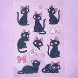 black cat cats with pink ear ears and bows hearts cute kawaii glossy clear plastic pet sticker sticker sheet pack uk cute kawaii stationery shop store pretty fun kitten kittens cartoon