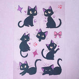 black cat cats with pink ear ears and bows hearts cute kawaii glossy clear plastic pet sticker sticker sheet pack uk cute kawaii stationery shop store pretty fun kitten kittens cartoon