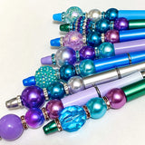 beaded bead pen pens teal turquoise blue silver plum lilac purple pearl pearly beaded jewel colours bright uk cute kawaii set kit sparkly green deep dark pave crystal rondelles black gel ballpoint ink 