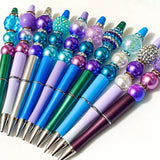 beaded bead pen pens teal turquoise blue silver plum lilac purple pearl pearly beaded jewel colours bright uk cute kawaii set kit sparkly green deep dark pave crystal rondelles black gel ballpoint ink 