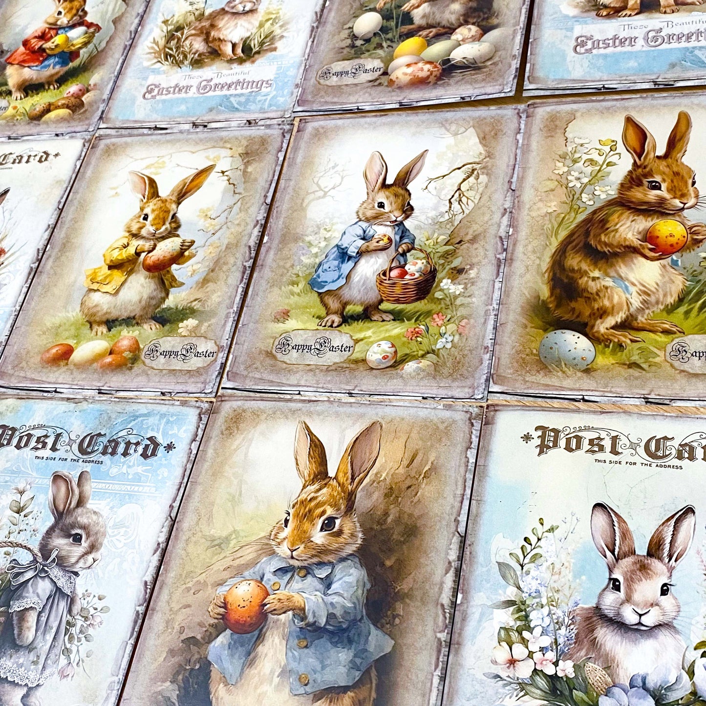 victorian vintage illustration illustrations postcard antique style retro bunny rabbit rabbits bunnies easter card postcard postcards post uk stationery greetings spring beatrix potter blue shop store