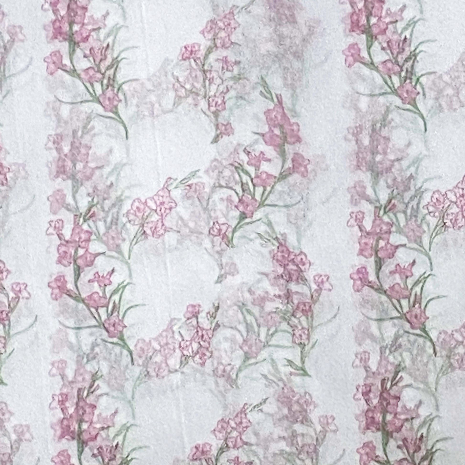 Floral pattern tissue paper with pink gladioli flowers and green leaves on a light background