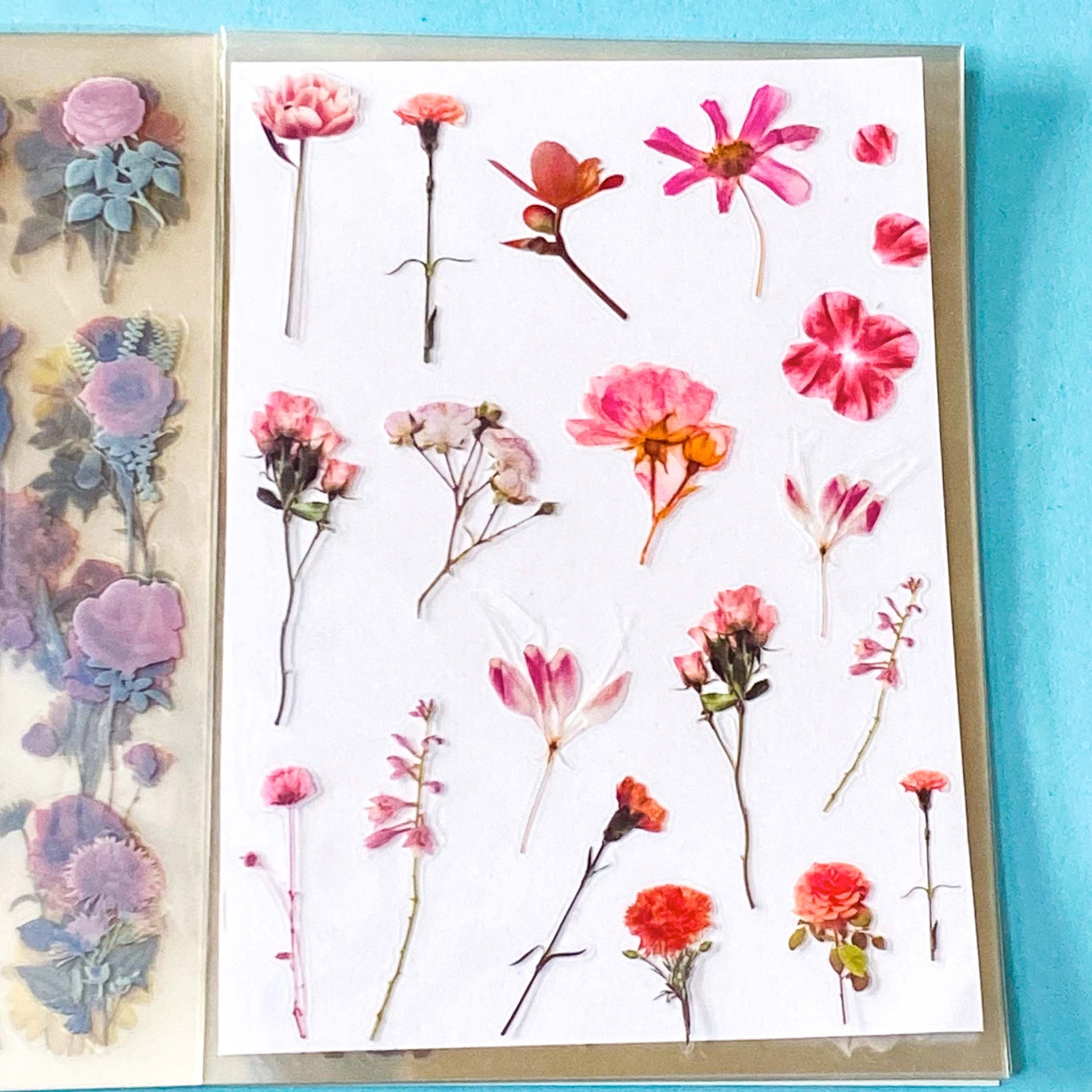 vintage floral clear sticker book with 20 pages of botanical flower stickers including rose, daisy, sunflowers and blossom.