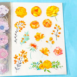 vintage floral clear sticker book with 20 pages of botanical flower stickers including rose, daisy, sunflowers and blossom.