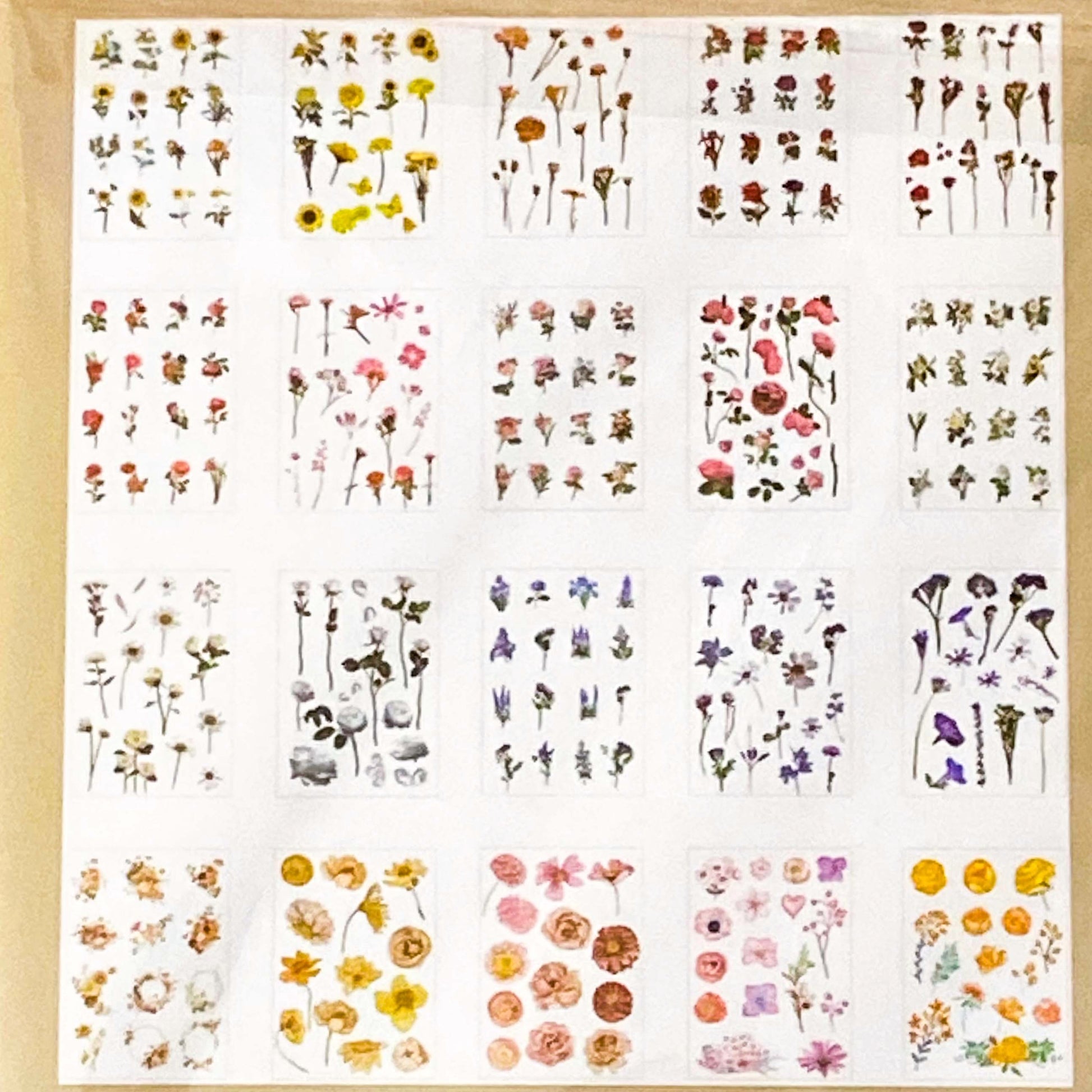vintage floral clear sticker book with 20 pages of botanical flower stickers including rose, daisy, sunflowers and blossom.