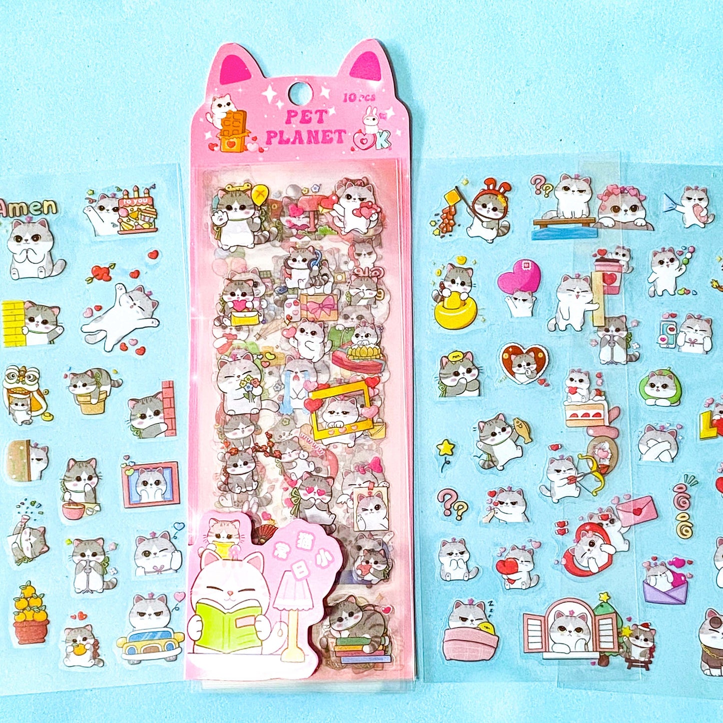 kawaii cat clear sticker pack of 10 sheets of cute cartoon kitten stickers for journalling and scrapbooking