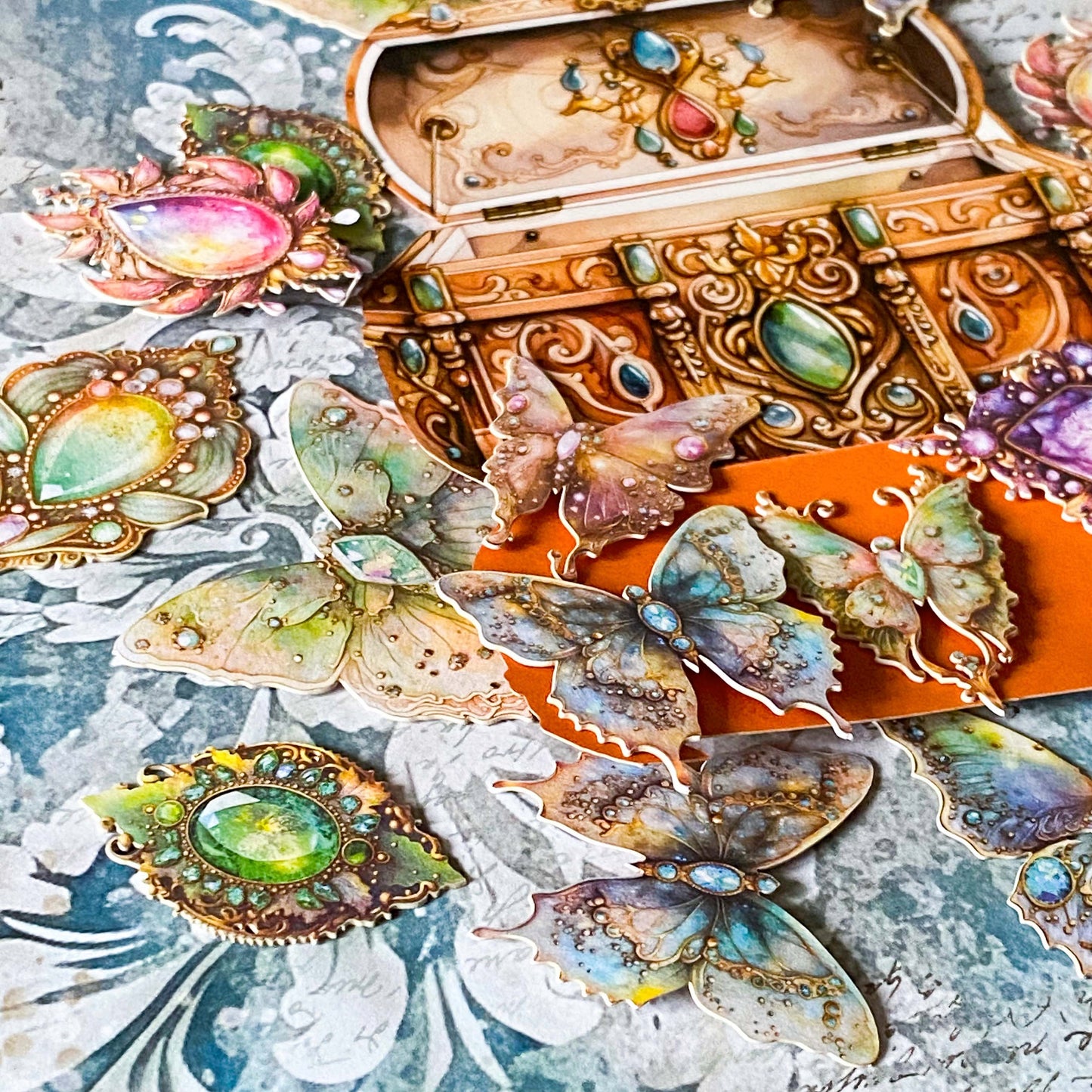 jewel and butterfly large card stickers in a treasure chest design pack
