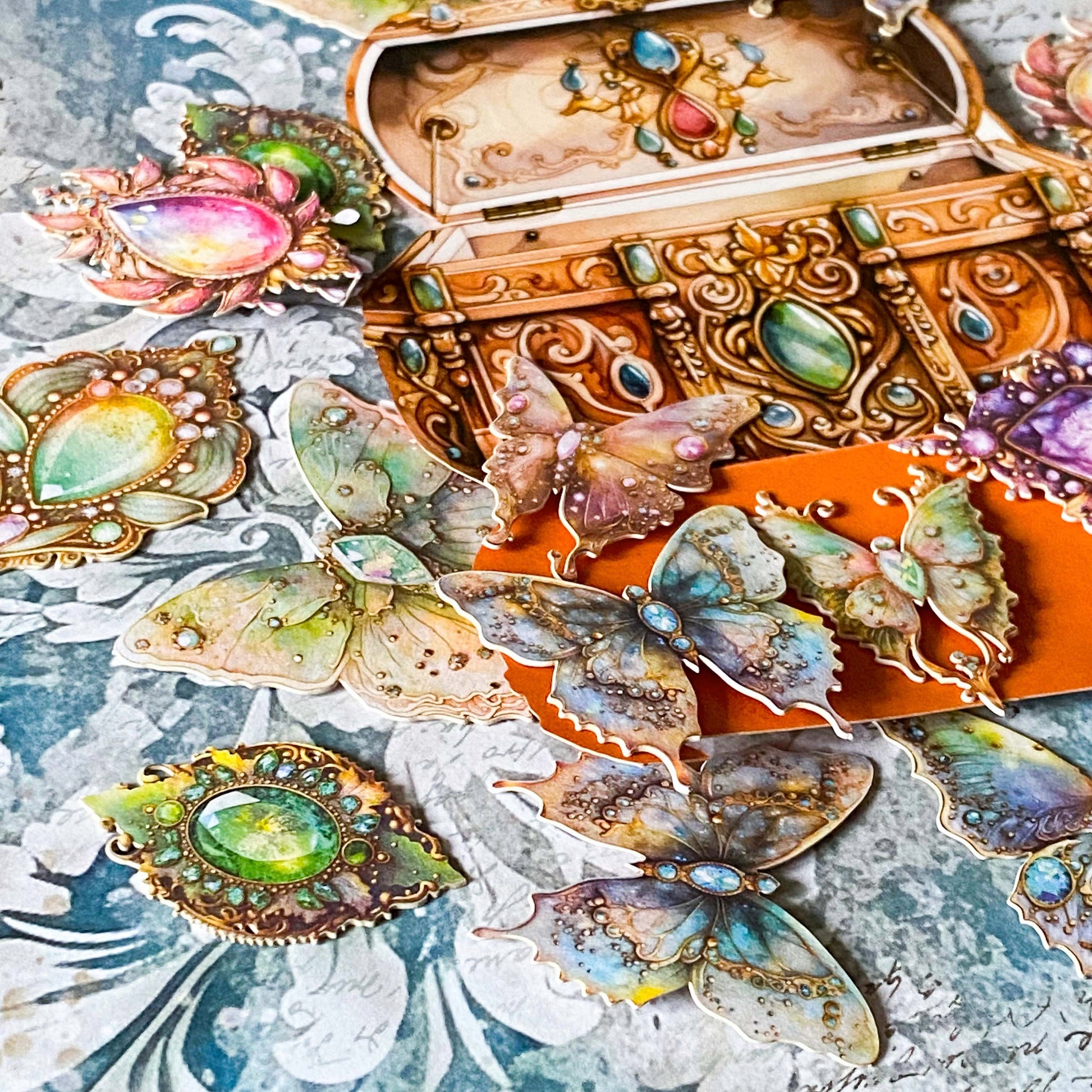 jewel and butterfly large card stickers in a treasure chest design pack