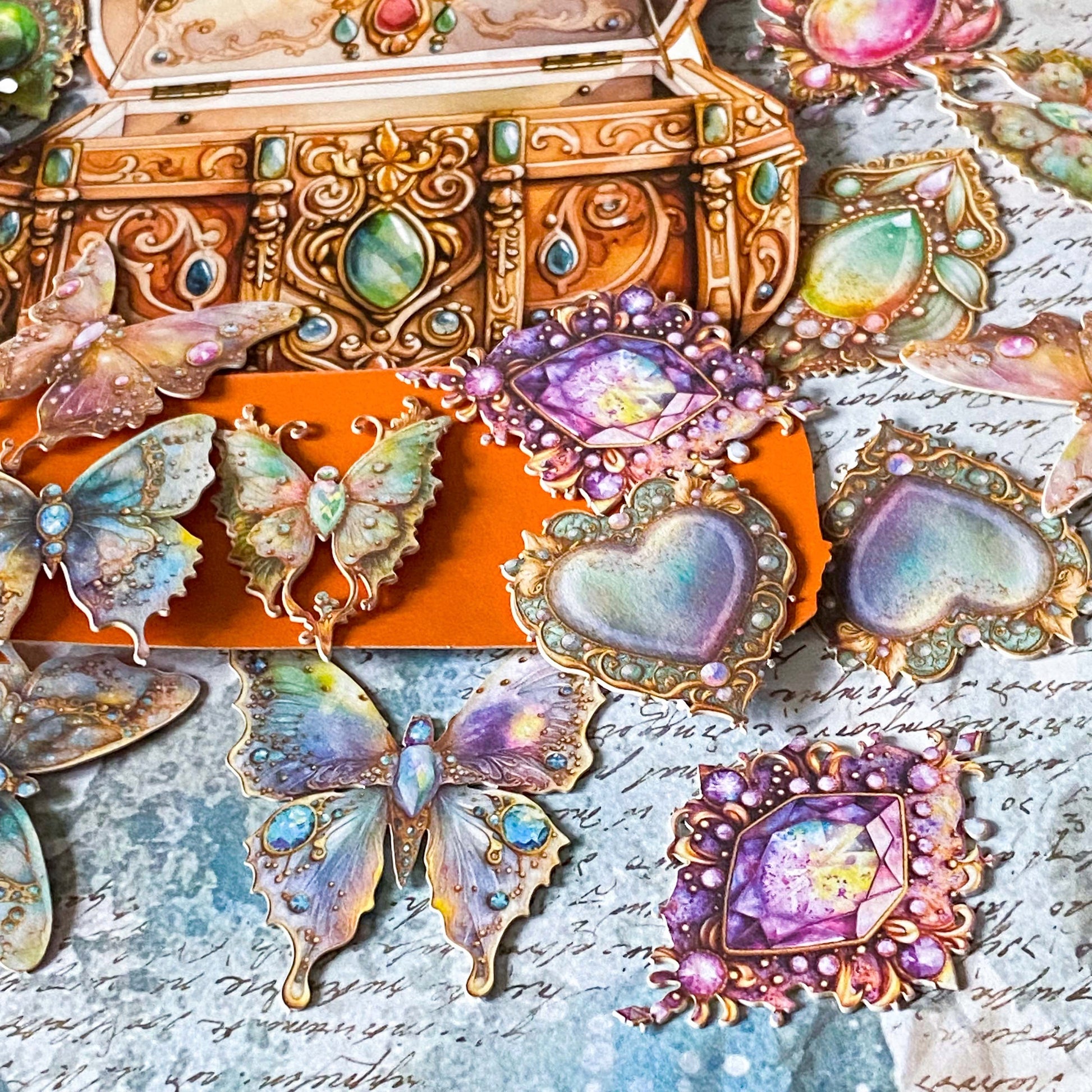 ornate gemstone and butterfly stickers, detailed vintage gem style