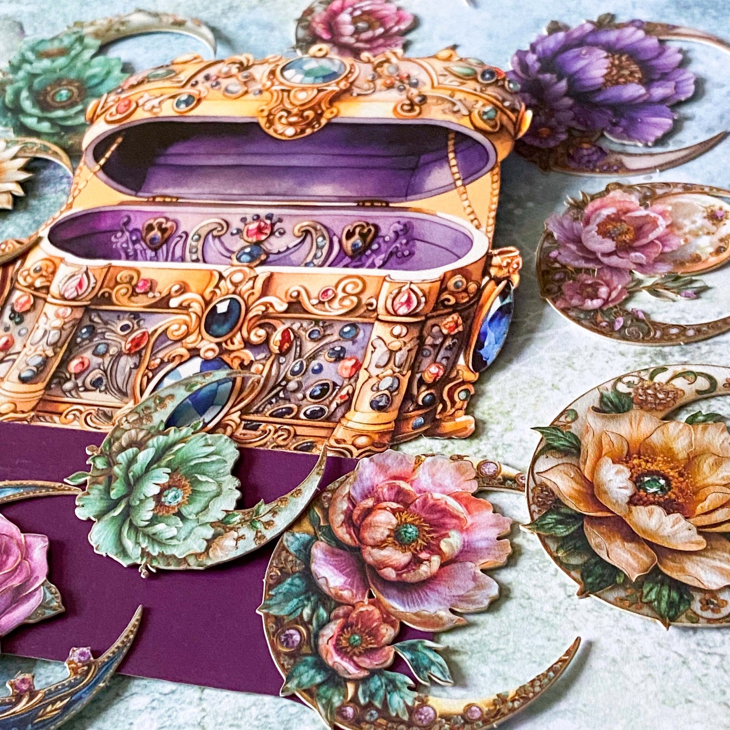 ornate floral moon card stickers vintage style set