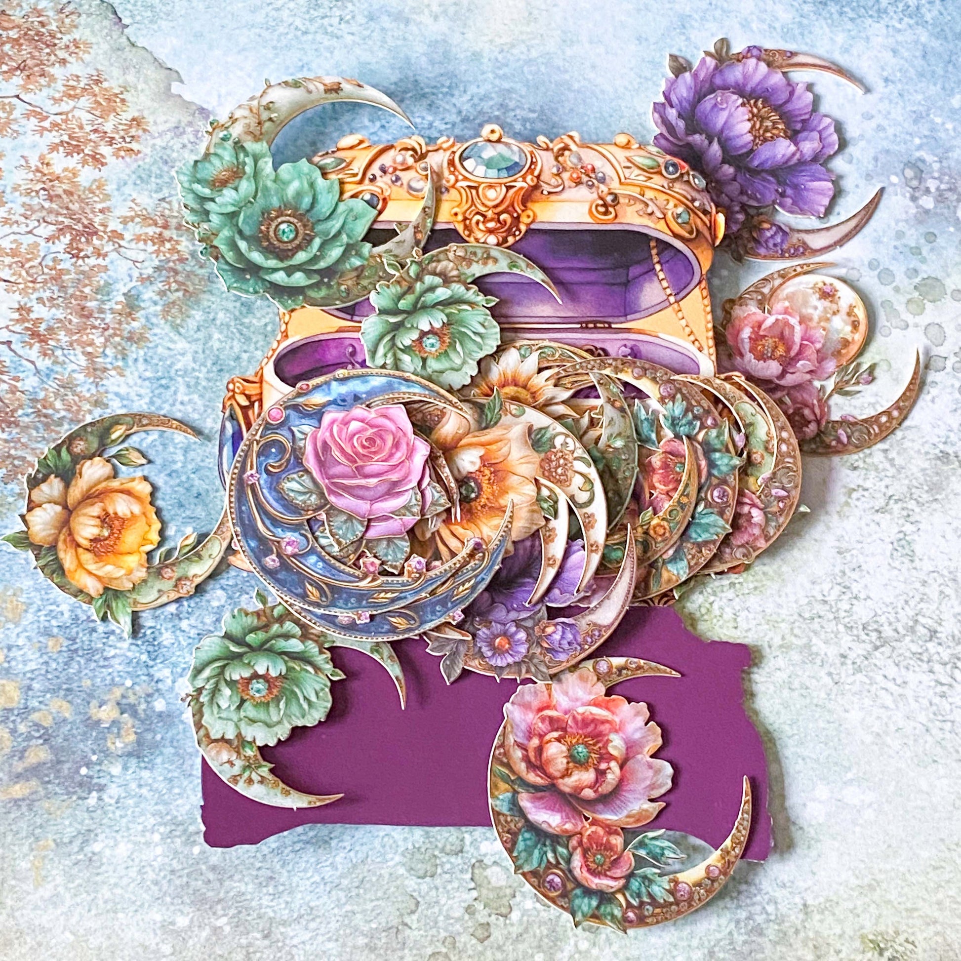 treasure chest open with 20 card stickers in a celestial moon and floral theme