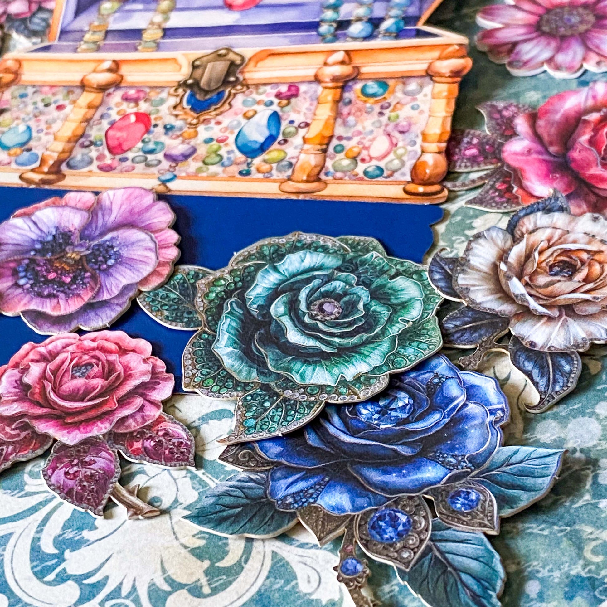 jewel box floral sticker set with vintage style roses and botanical designs, decorative chest packaging, 20 card stickers for journaling and scrapbooking