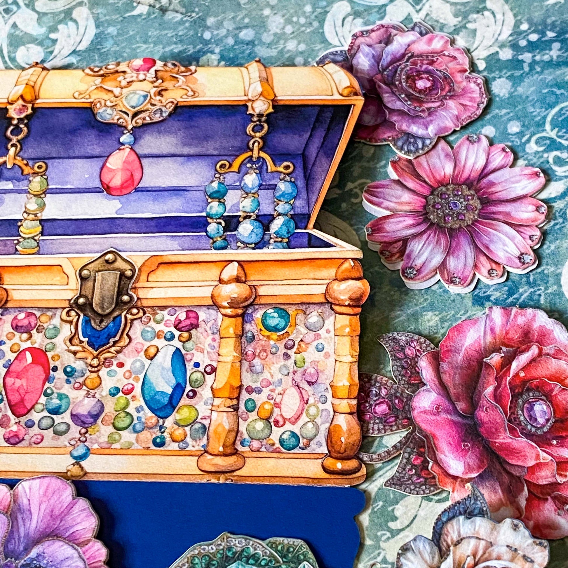 jewel box floral sticker set with vintage style roses and botanical designs, decorative chest packaging, 20 card stickers for journaling and scrapbooking