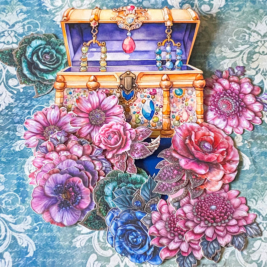 jewel box floral sticker set with vintage style roses and botanical designs, decorative chest packaging, 20 card stickers for journaling and scrapbooking