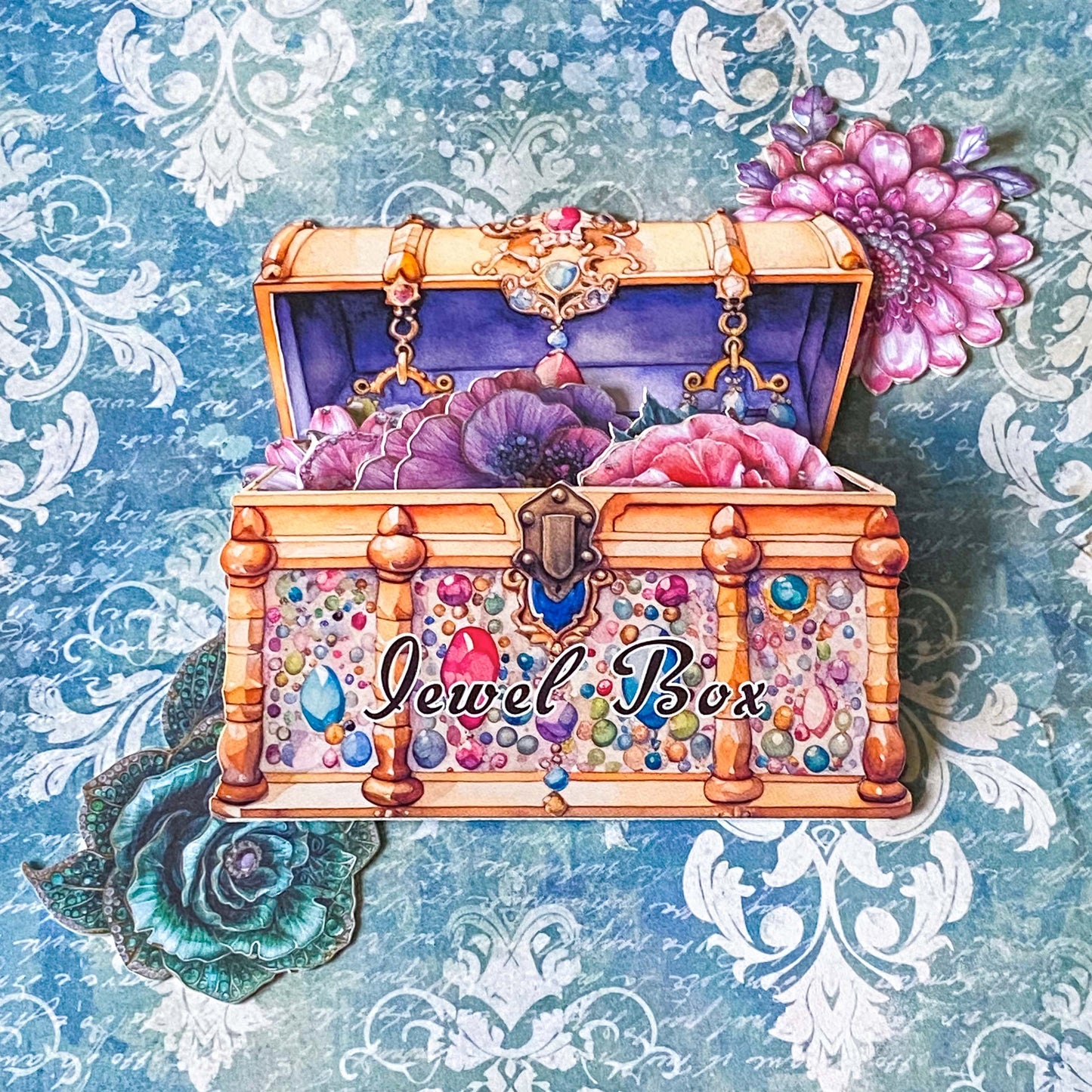 jewel box floral sticker set with vintage style roses and botanical designs, decorative chest packaging, 20 card stickers for journaling and scrapbooking
