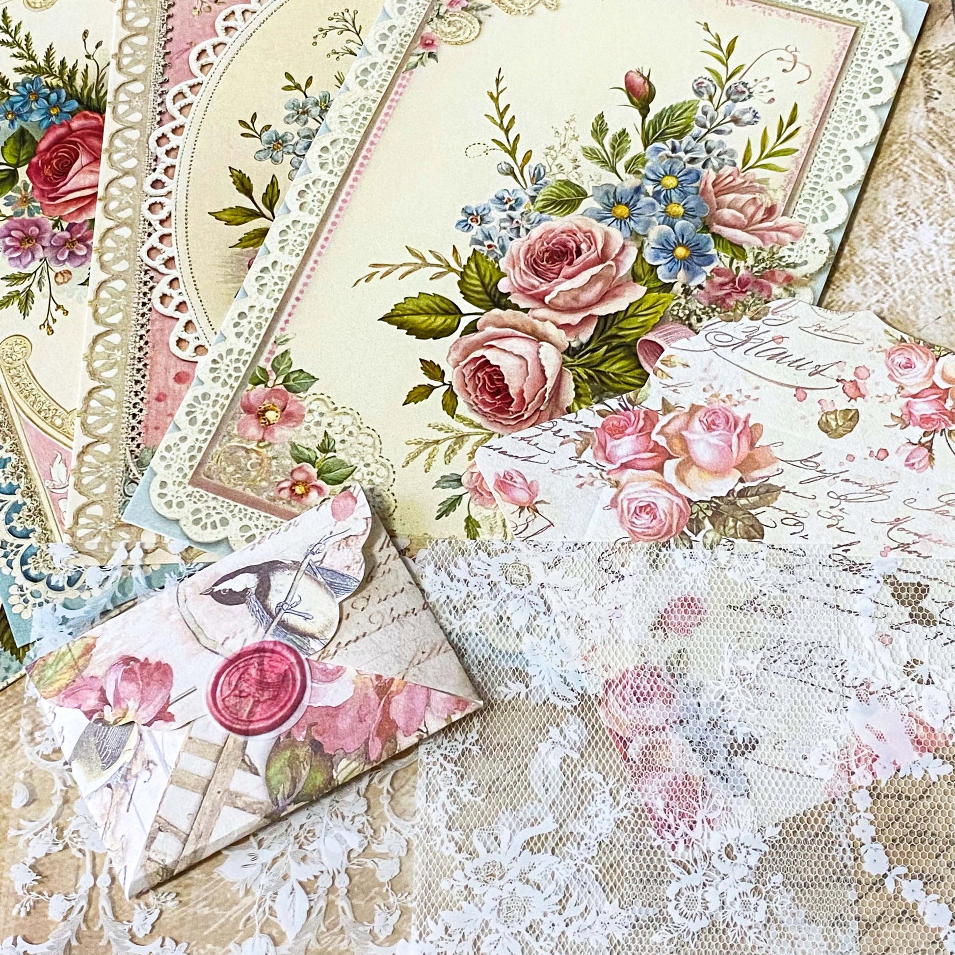 victorian lace paper bundle with floral postcards, lace stickers, mini envelopes and decorative journaling supplies uk