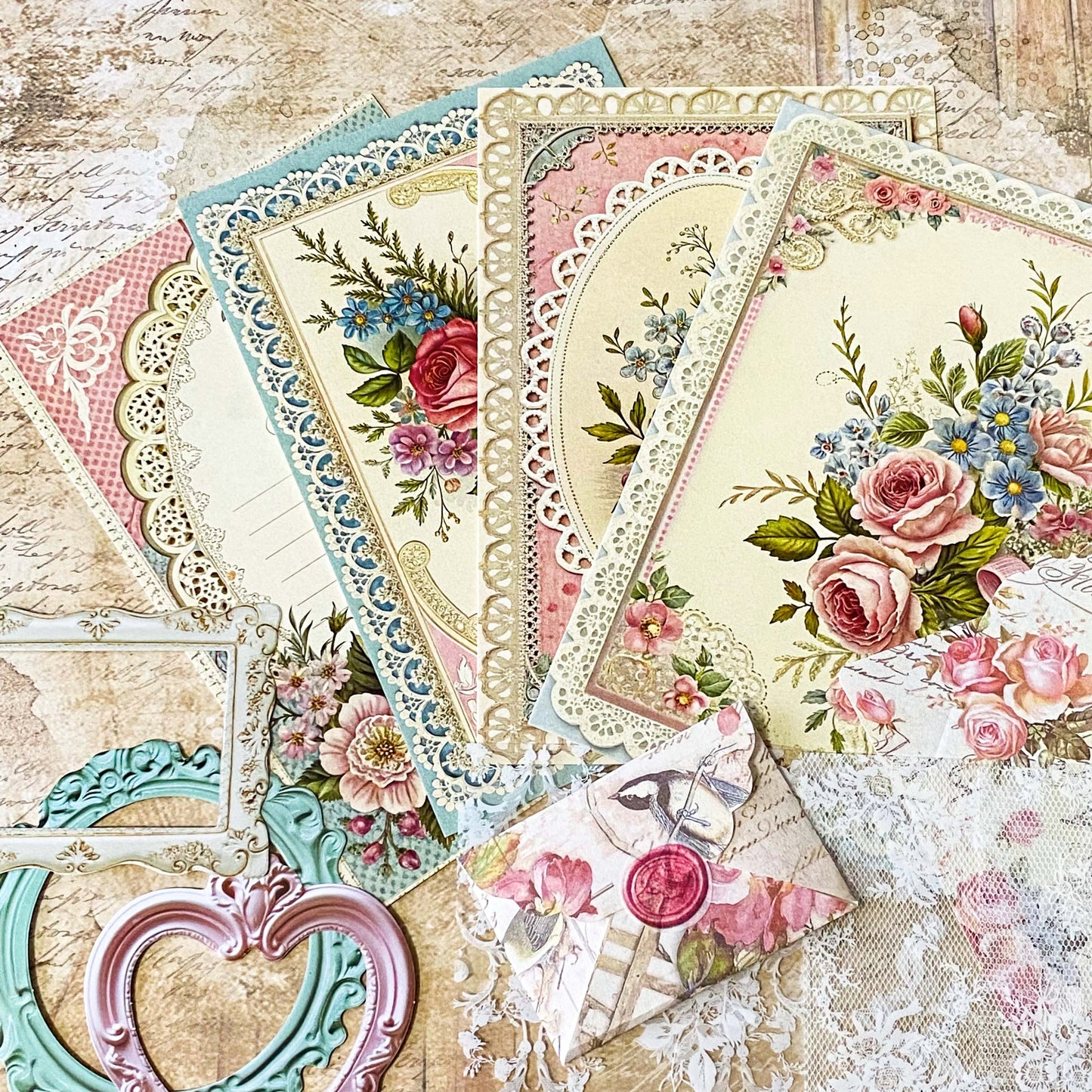 victorian lace paper bundle with floral postcards, lace stickers, paper picture frames envelopes and decorative journaling supplies uk