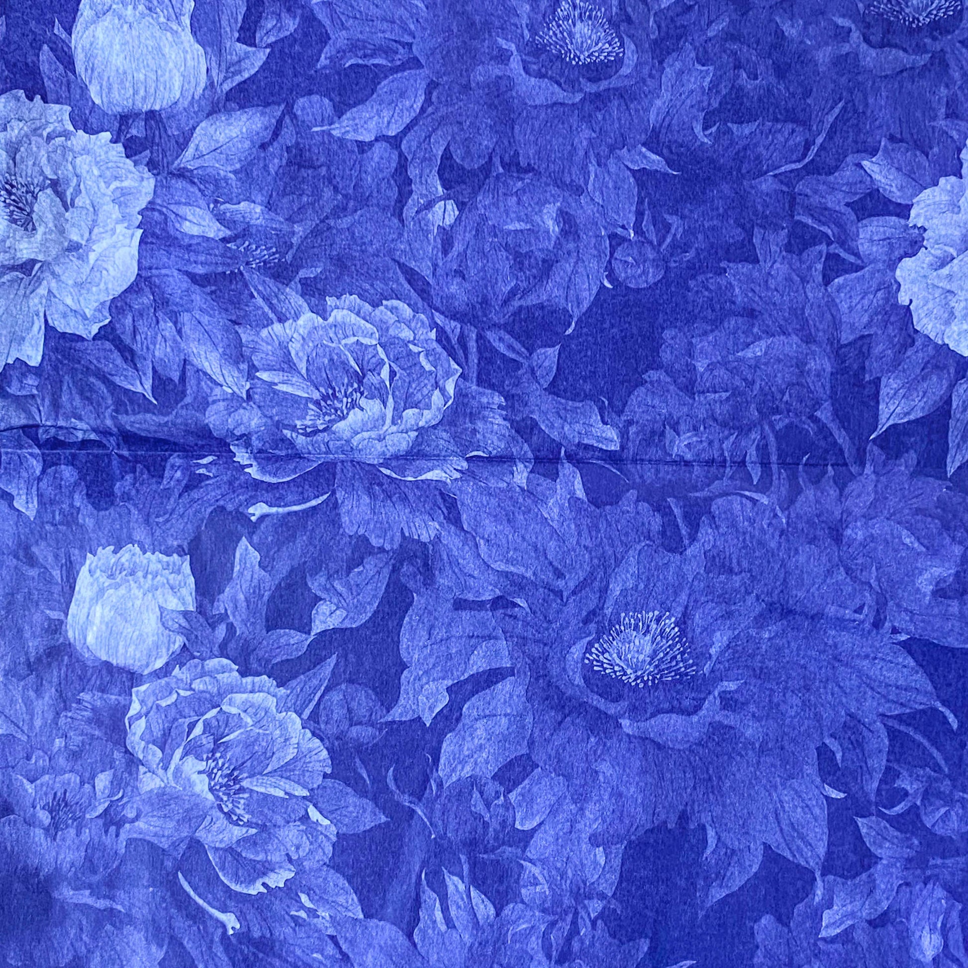 deep inky purple dark blue indigo floral pattern tissue paper with large poppies at midnight. Beautiful packaging papers from the Uk.