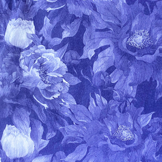 deep inky purple dark blue indigo floral pattern tissue paper with large poppies at midnight. Beautiful packaging papers from the Uk.