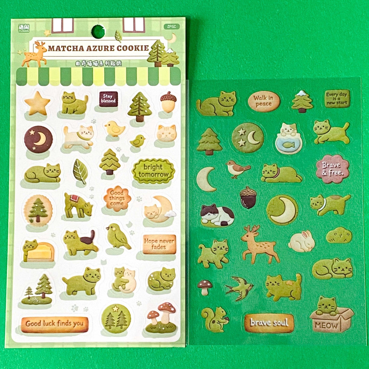 cozy cookie cats clear PET sticker pack featuring illustrated cats and decorative animal and food themed stickers on transparent sheets. Uk cute kawaii planner stationery.