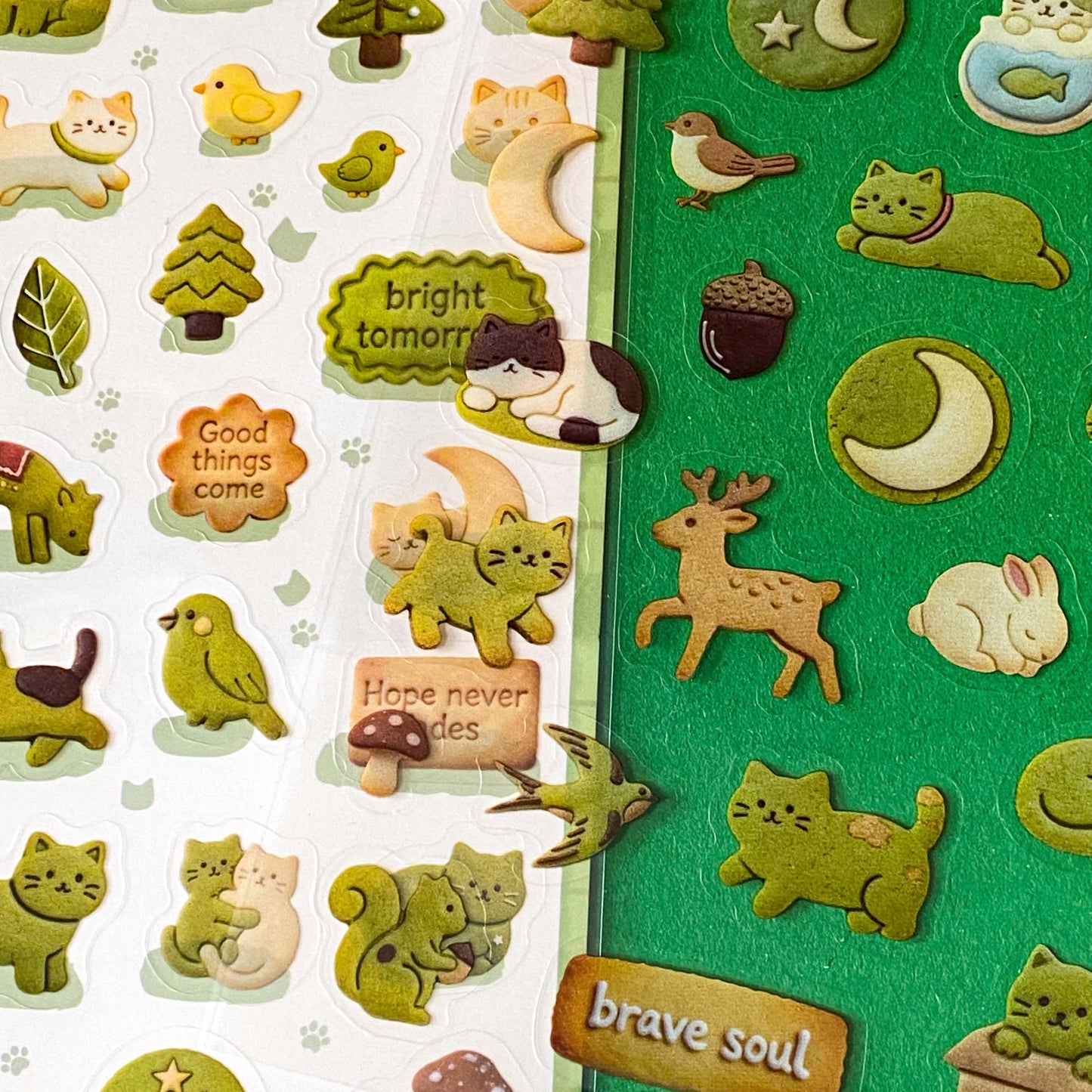 green themed cozy cats cookie sticker pack of 2 sheets with cute animals and sayings. PET transparent sheets with deer, christmas tree, birds, kittens and cookies.