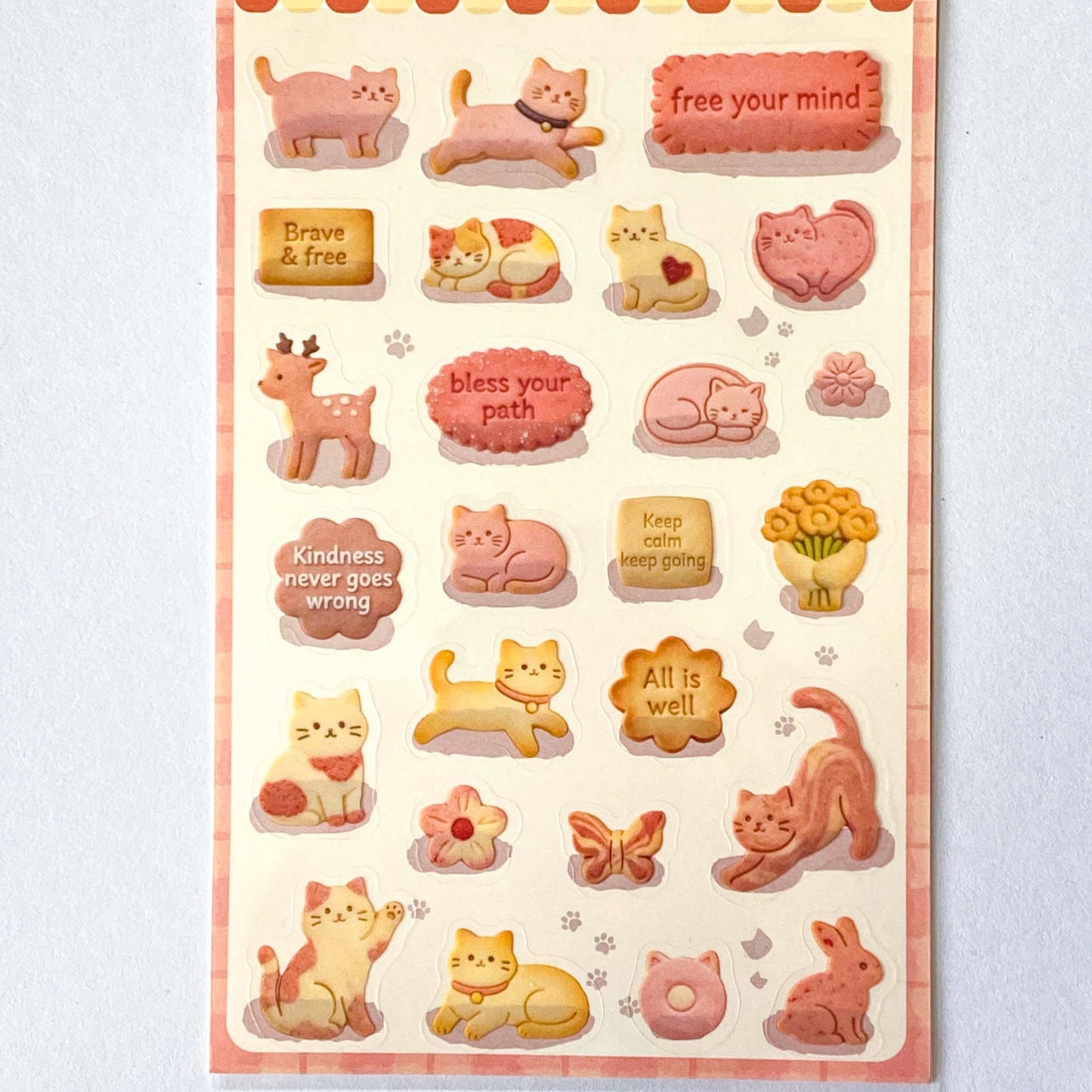 pretty pink and cream themed cats and cookies pet sticker pack of 2 sheets with fluffy animals and biscuit designs on clear transparent sheets. uk cute stationery.