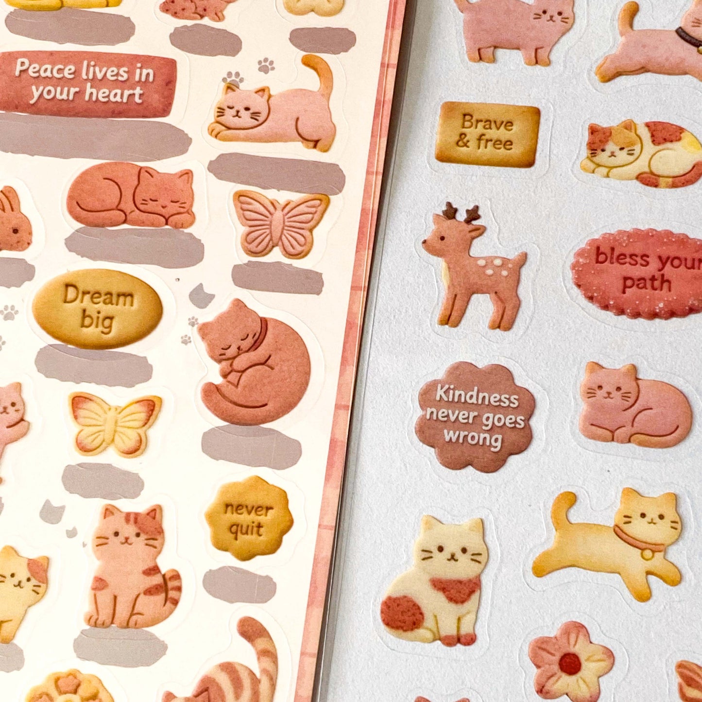 pretty pink and cream themed cats and cookies pet sticker pack of 2 sheets with fluffy animals and biscuit designs on clear transparent sheets. uk cute stationery.