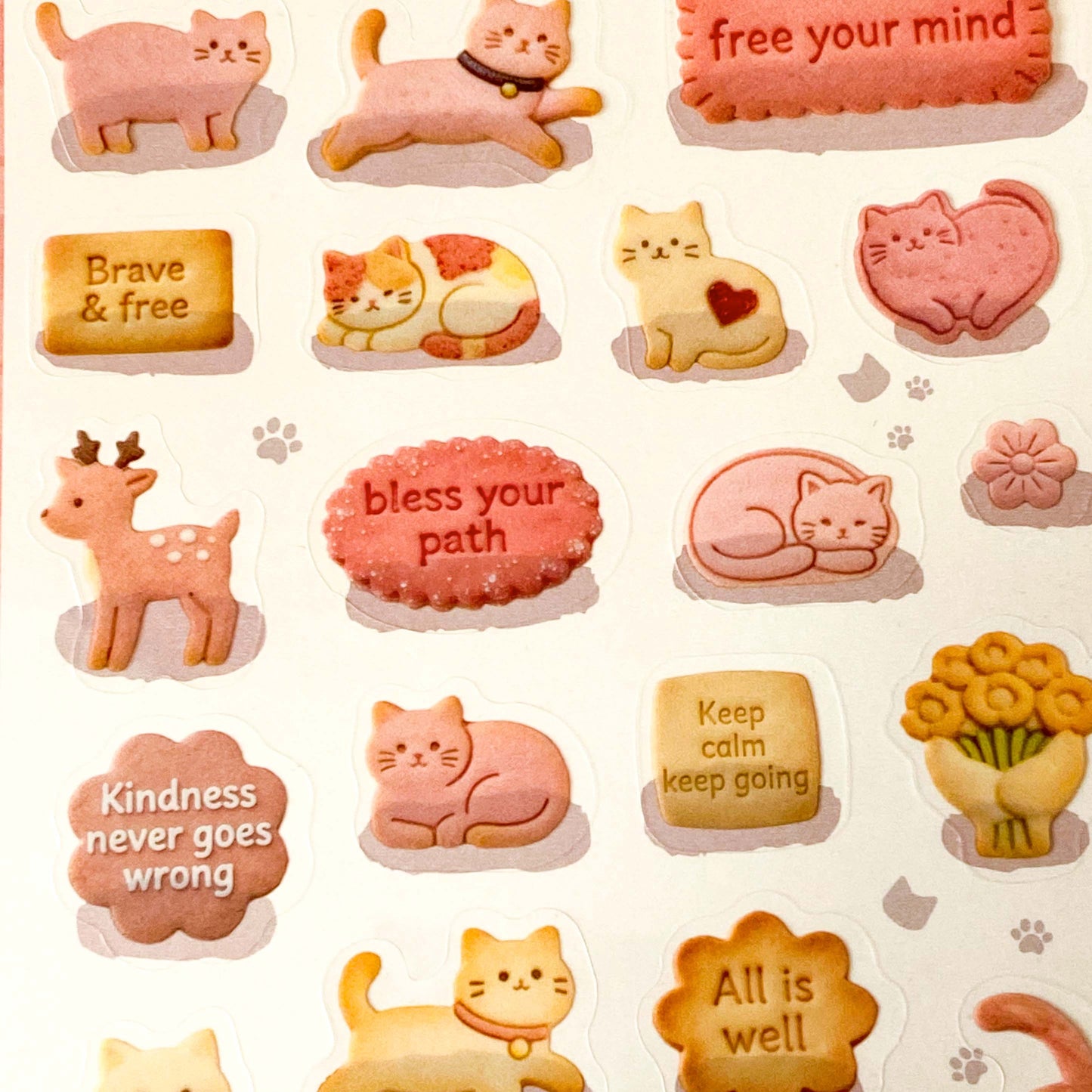 pretty pink and cream themed cats and cookies pet sticker pack of 2 sheets with fluffy animals and biscuit designs on clear transparent sheets. uk cute stationery.