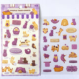cozy cookie cats clear PET sticker pack featuring illustrated cats and decorative animal and food themed stickers on transparent sheets. Uk cute kawaii planner stationery.