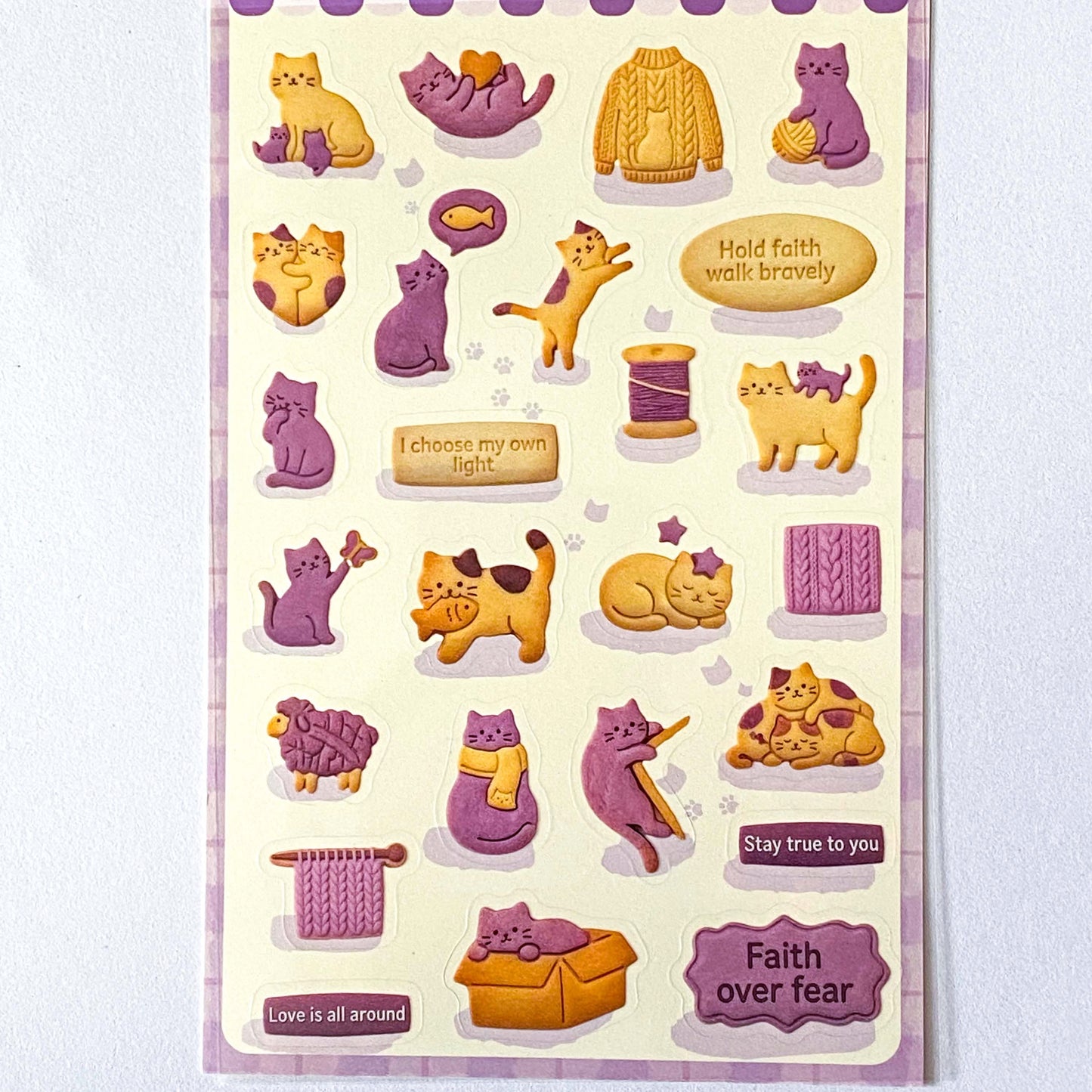 purple themed cats and cookies sticker pack of 2 clear PET sheets. featuring foods and animals with a textured biscuit design. Uk cute stationery.