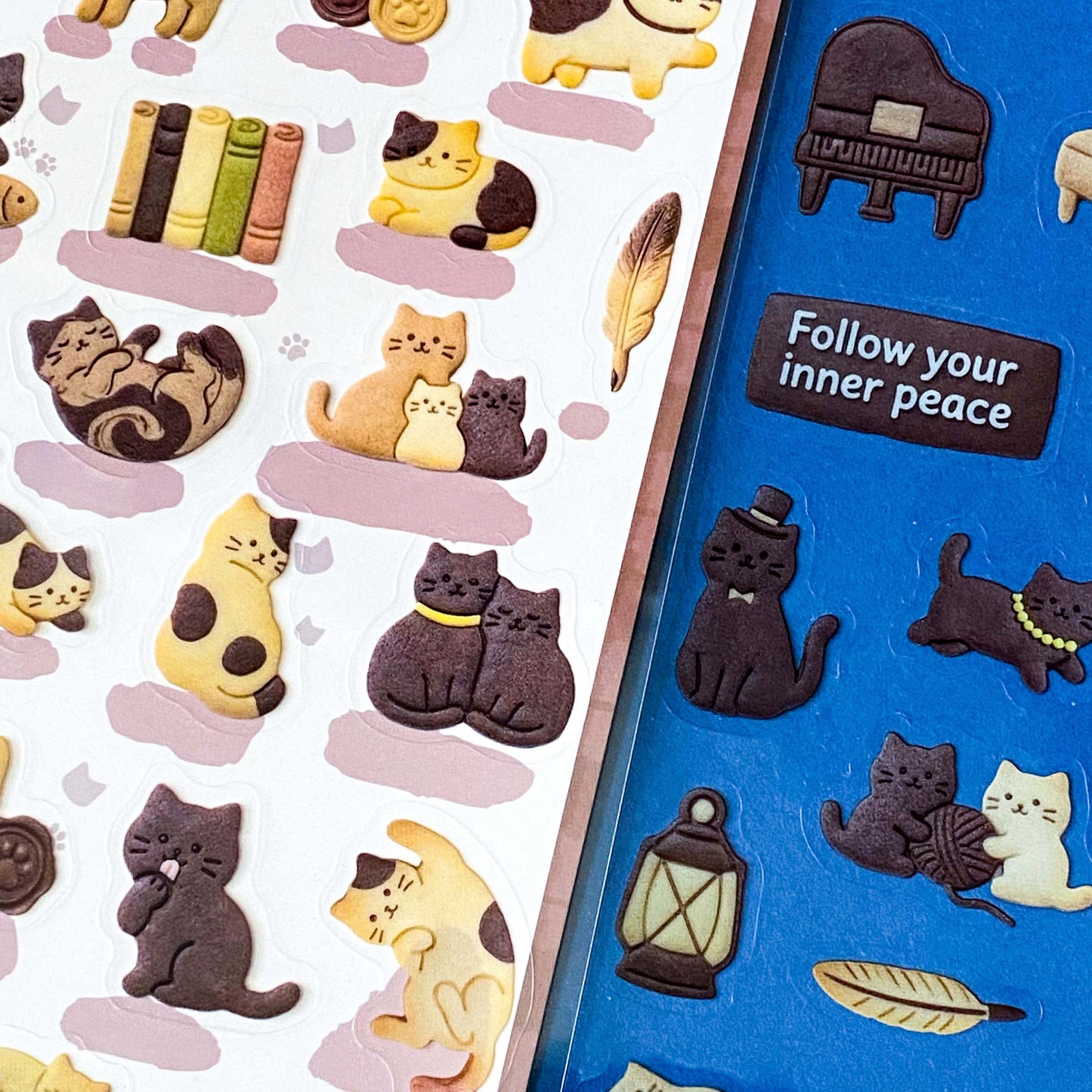 brown and cream themed sticker sheets of cookies and cats. Biscuit designs of cute cats and other animals with food and drinks. Home themed. Pack of 2 PET clear sheets.