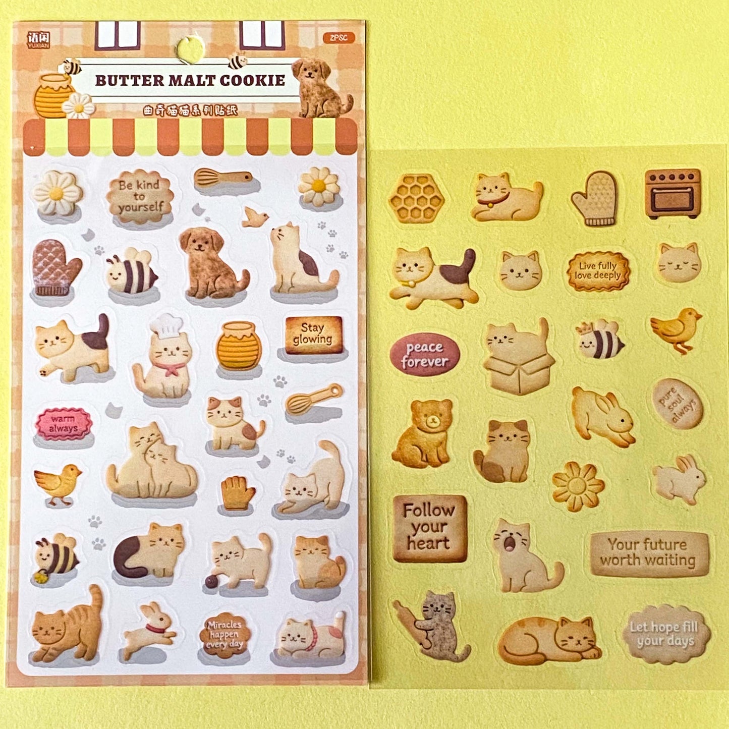 cozy cookie cats clear PET sticker pack featuring illustrated cats and decorative animal and food themed stickers on transparent sheets. Uk cute kawaii planner stationery.
