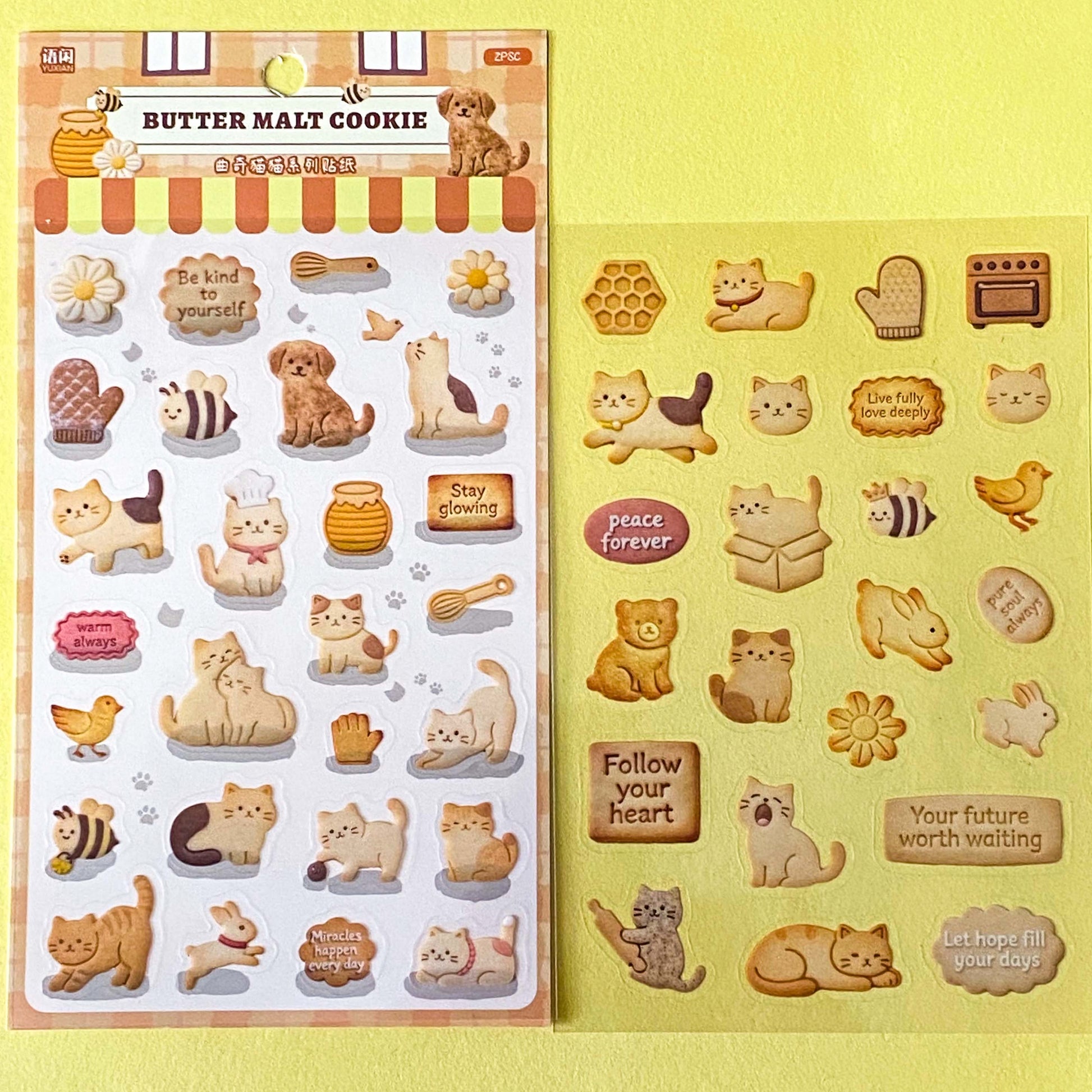 cozy cookie cats clear PET sticker pack featuring illustrated cats and decorative animal and food themed stickers on transparent sheets. Uk cute kawaii planner stationery.