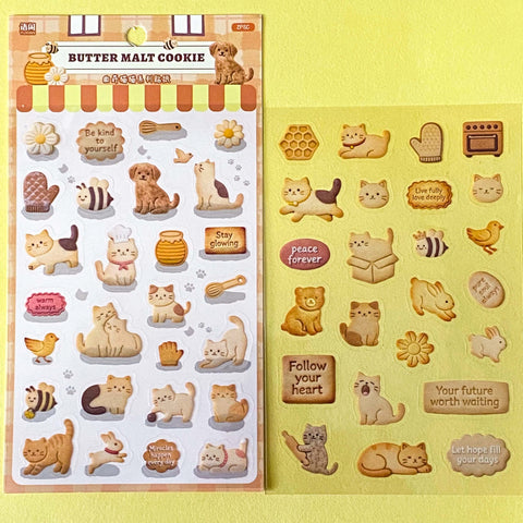 cozy cookie cats clear PET sticker pack featuring illustrated cats and decorative animal and food themed stickers on transparent sheets. Uk cute kawaii planner stationery.