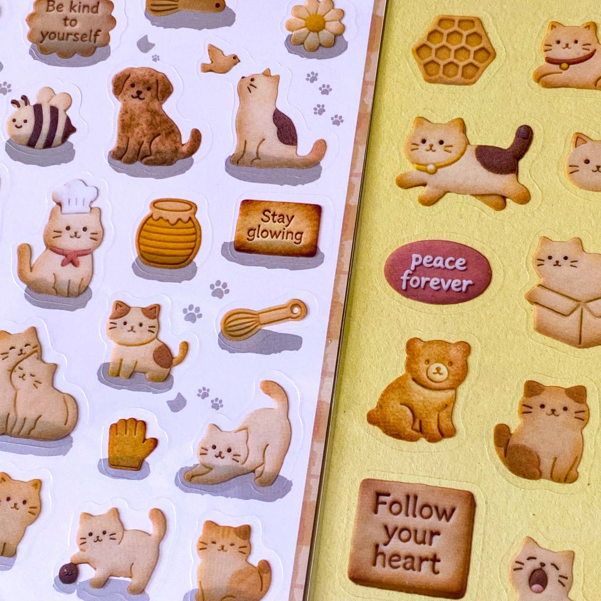 pack of 2 PET sticker sheets of caramel and marmalade ginger cats with cute cookies. Sayings and fun kawaii home designs. Uk stationery shop.