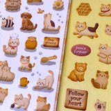 pack of 2 PET sticker sheets of caramel and marmalade ginger cats with cute cookies. Sayings and fun kawaii home designs. Uk stationery shop.