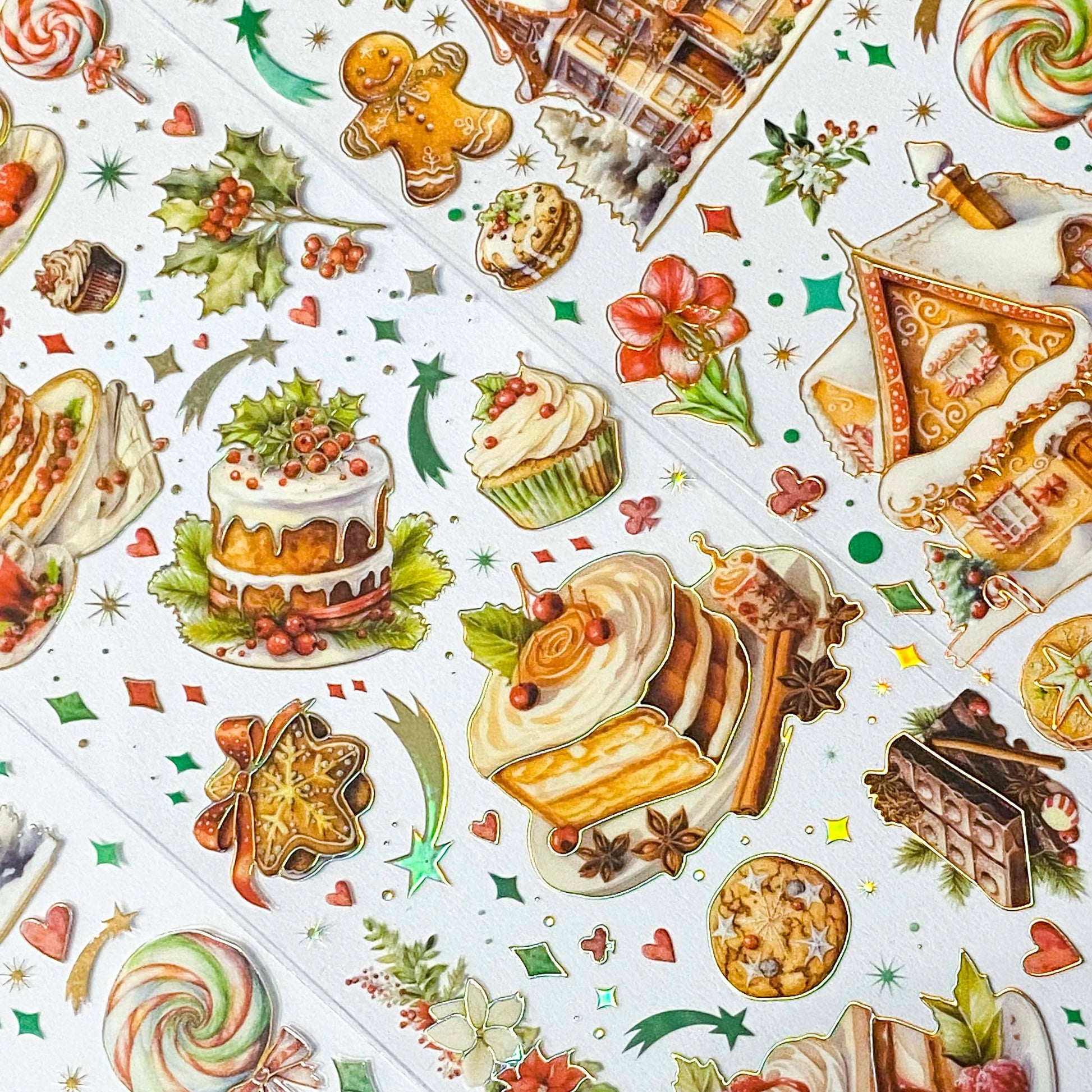 festive gingerbread ginger bread men man house houses cottage cute kawaii sticker stickers stationery sheet pack holo holographic foil foiled pretty uk planner addict supplies shop store brown green red colourful 