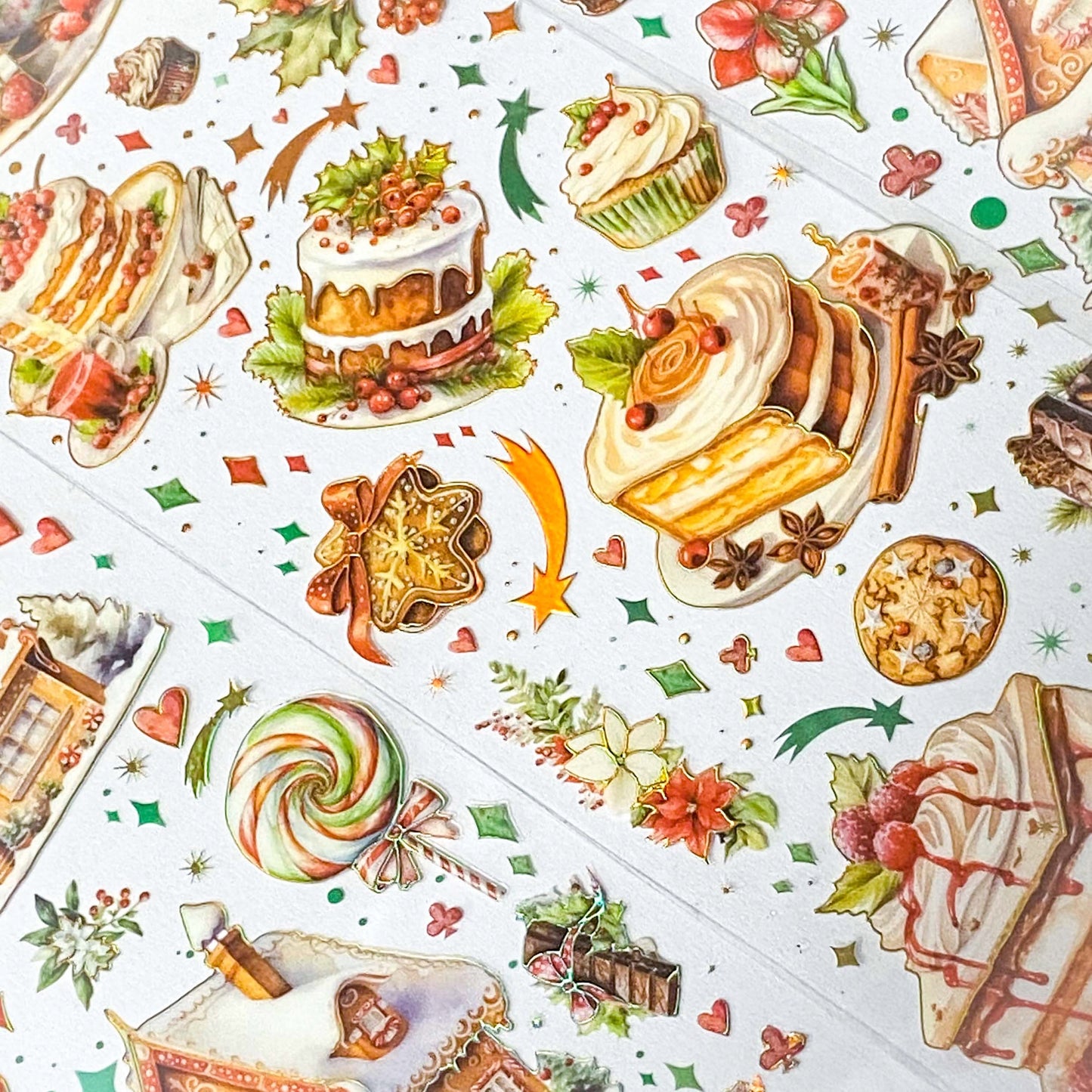 festive gingerbread ginger bread men man house houses cottage cute kawaii sticker stickers stationery sheet pack holo holographic foil foiled pretty uk planner addict supplies shop store brown green red colourful 