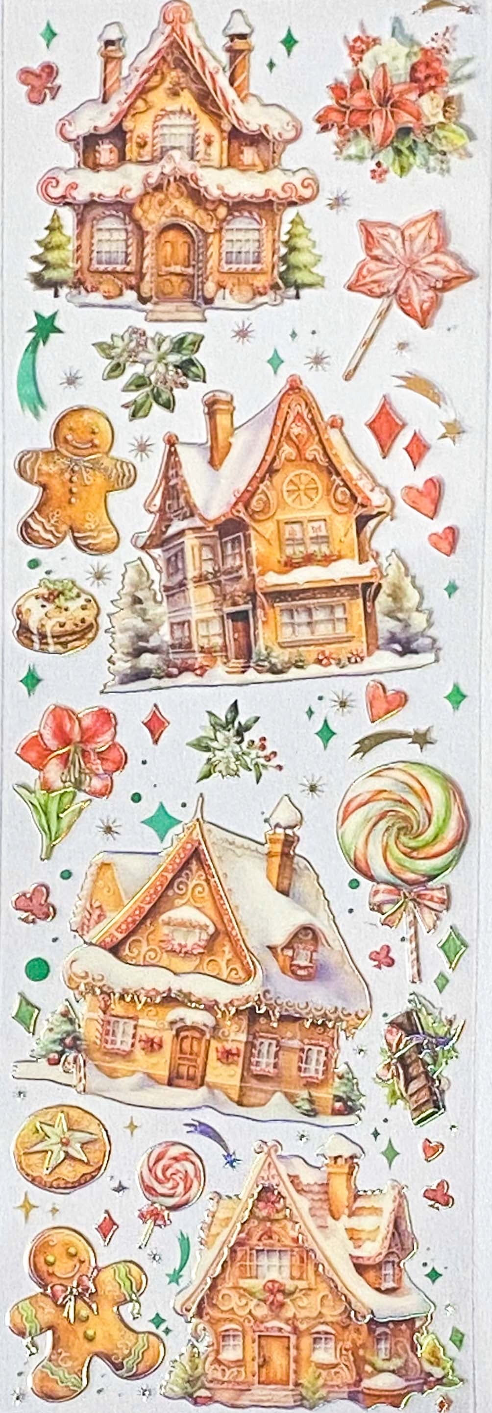 festive gingerbread ginger bread men man house houses cottage cute kawaii sticker stickers stationery sheet pack holo holographic foil foiled pretty uk planner addict supplies shop store brown green red colourful 
