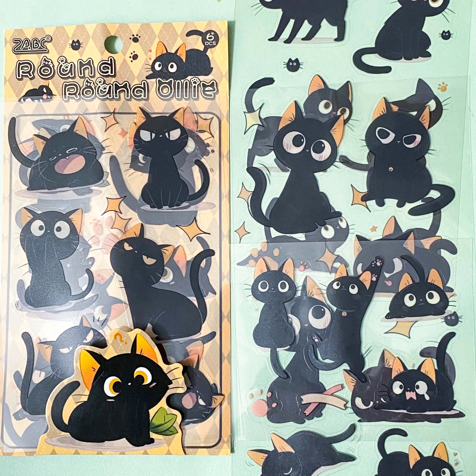 black cat with pink cream gold peach ear ears large glossy plastic clear pet sticker stickers sheet uk cute kawaii stationery shop store gift gifts cats kitten kittens