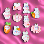 resin rabbit bunny rabbits carrot carrots spring easter charm charms pendant silver tone metal hook pink white cute kawaii uk craft supplies shop store heart bow bows jewellery making