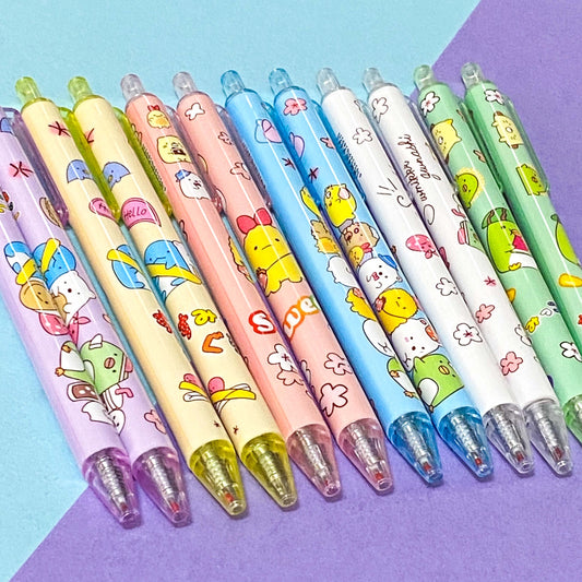 cartoon characters kawaii black fineline gel pen 0.5mm on a blue and purple background
