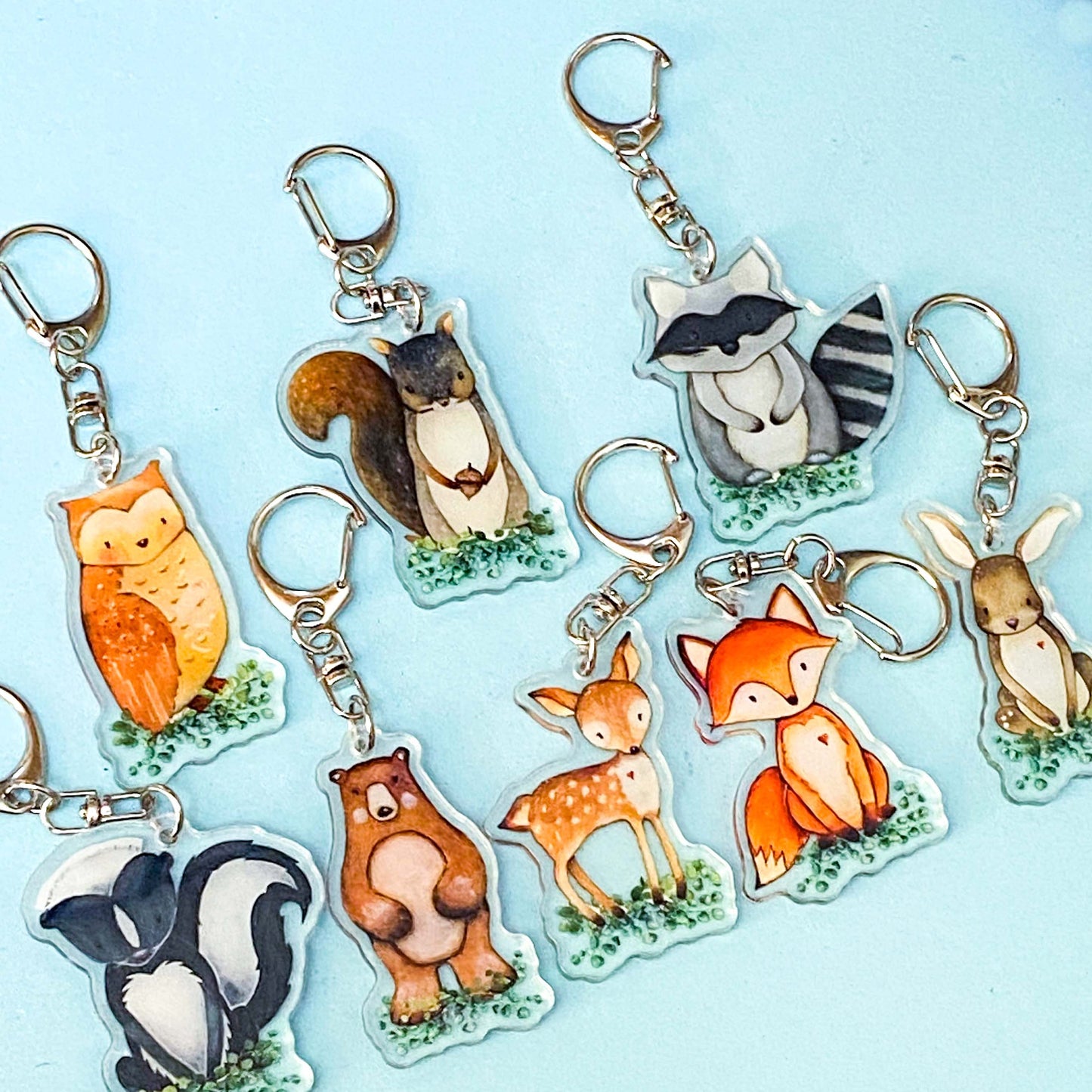 animal themed clear acrylic key clips or keyrings on a blue backgorund