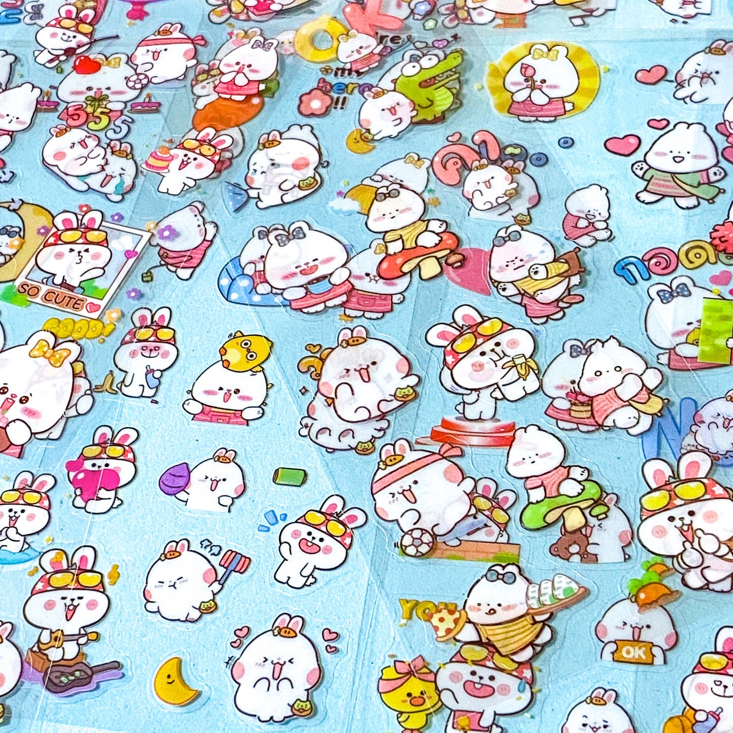 pet planet cartoon bunny rabbit pack of 10 clear sticker sheets in a pink pack on a blue background