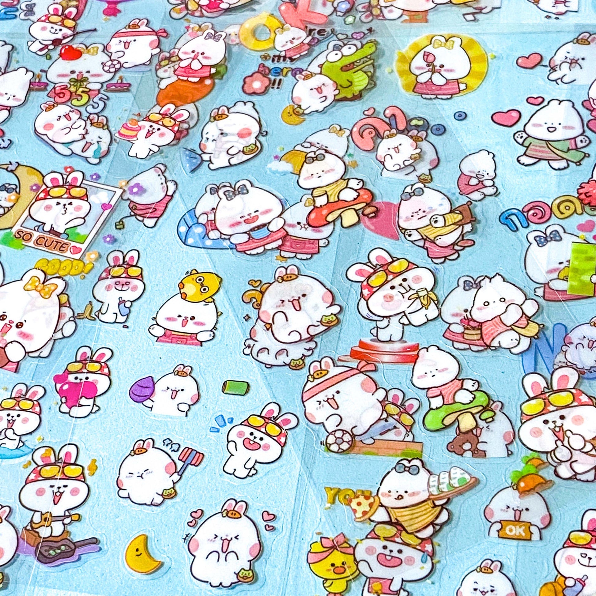 pet planet cartoon bunny rabbit pack of 10 clear sticker sheets in a pink pack on a blue background