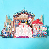 alice in wonderland themed pop up 3d greeting card with tea party scene, white rabbit, mushroom, playing cards and layered theatrical paper design.