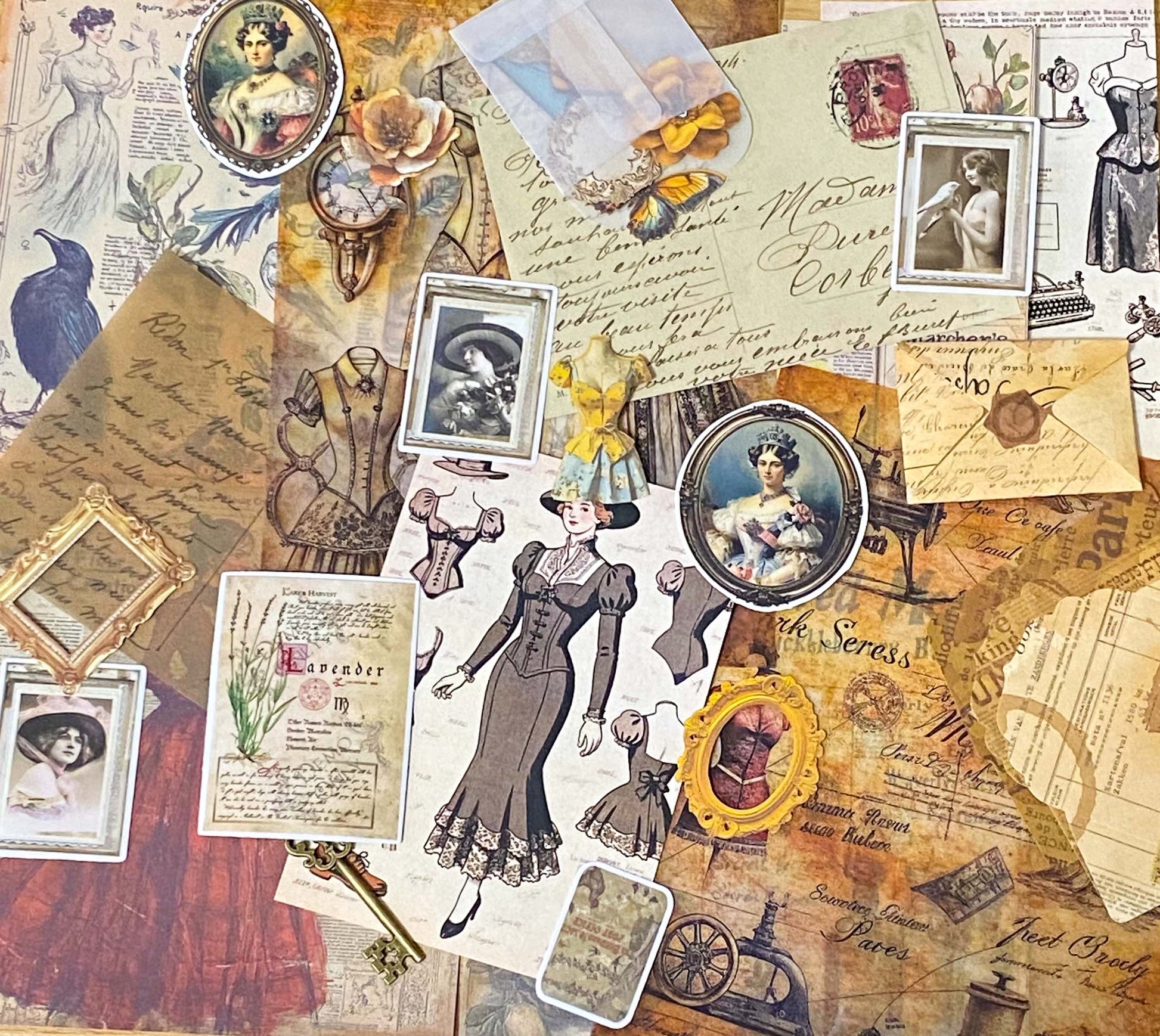 vintage scrapbooking ephemera bundle with victorian portrait stickers, antique papers, vellum sheets, mini envelopes and ornate key on neutral background