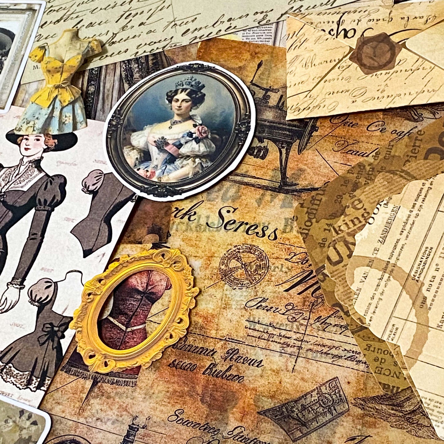 vintage scrapbooking ephemera bundle with victorian portrait stickers, antique papers, vellum sheets, mini envelopes and ornate key on neutral background