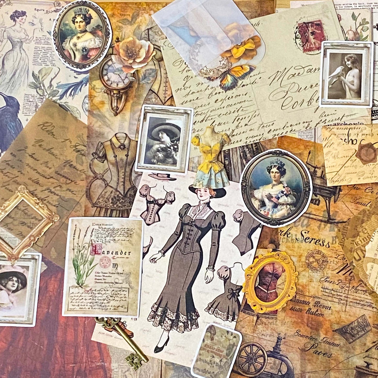 vintage scrapbooking ephemera bundle with victorian portrait stickers, antique papers, vellum sheets, mini envelopes and ornate key on neutral background